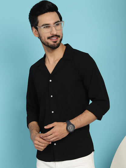 Indian Needle Men's Lapel Collar Casual Shirt - Black