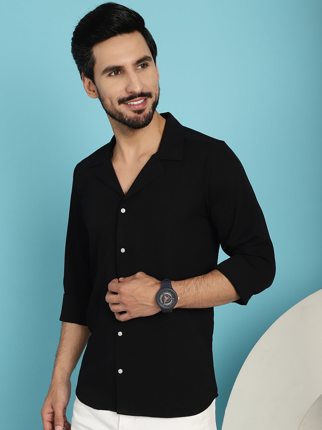 Indian Needle Men's Lapel Collar Casual Shirt - Black