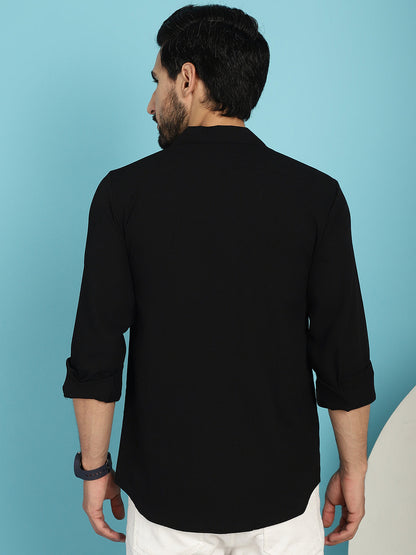 Indian Needle Men's Lapel Collar Casual Shirt - Black