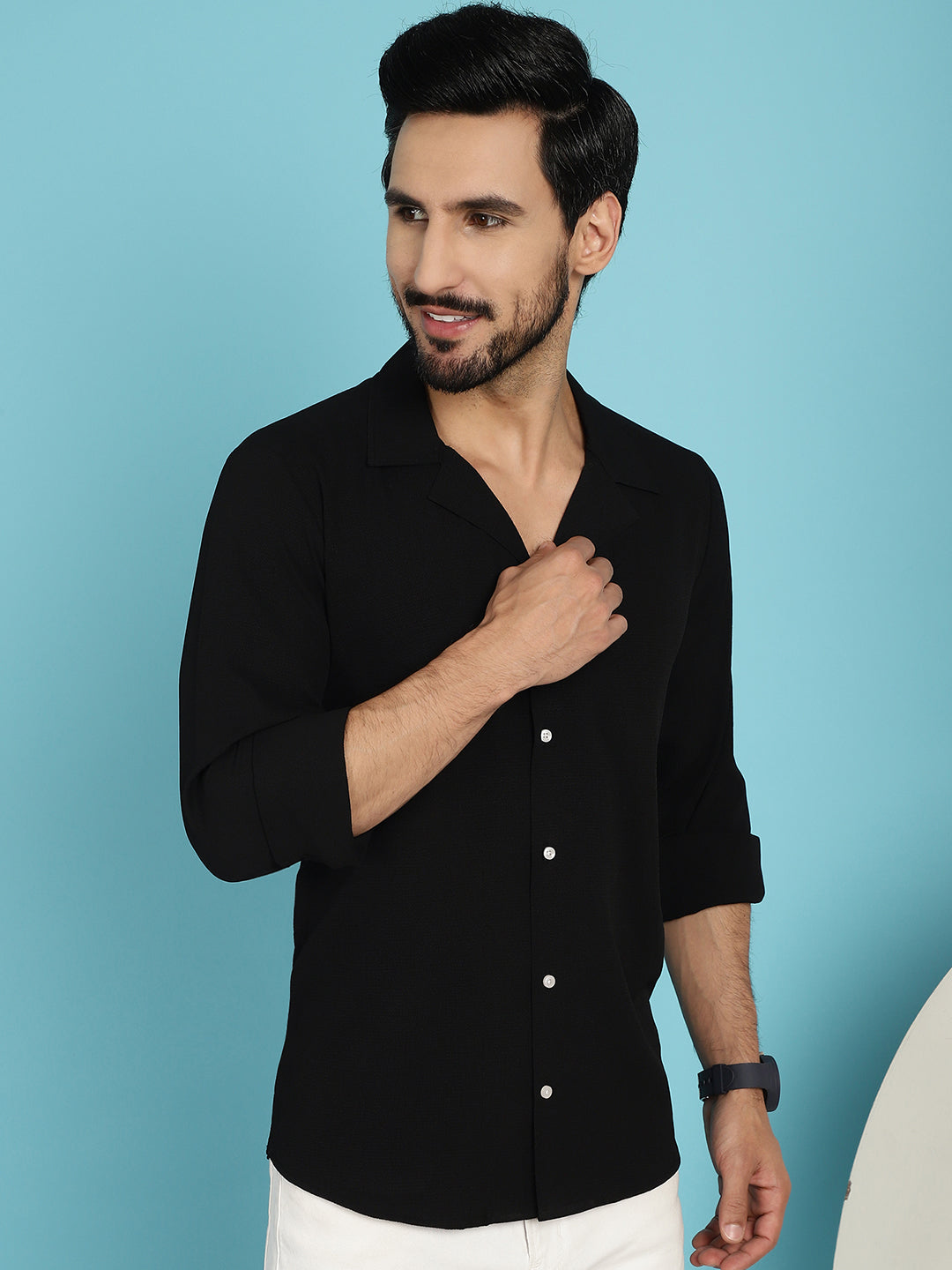 Indian Needle Men's Lapel Collar Casual Shirt - Black