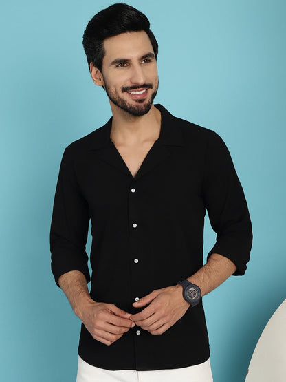 Indian Needle Men's Lapel Collar Casual Shirt - Black