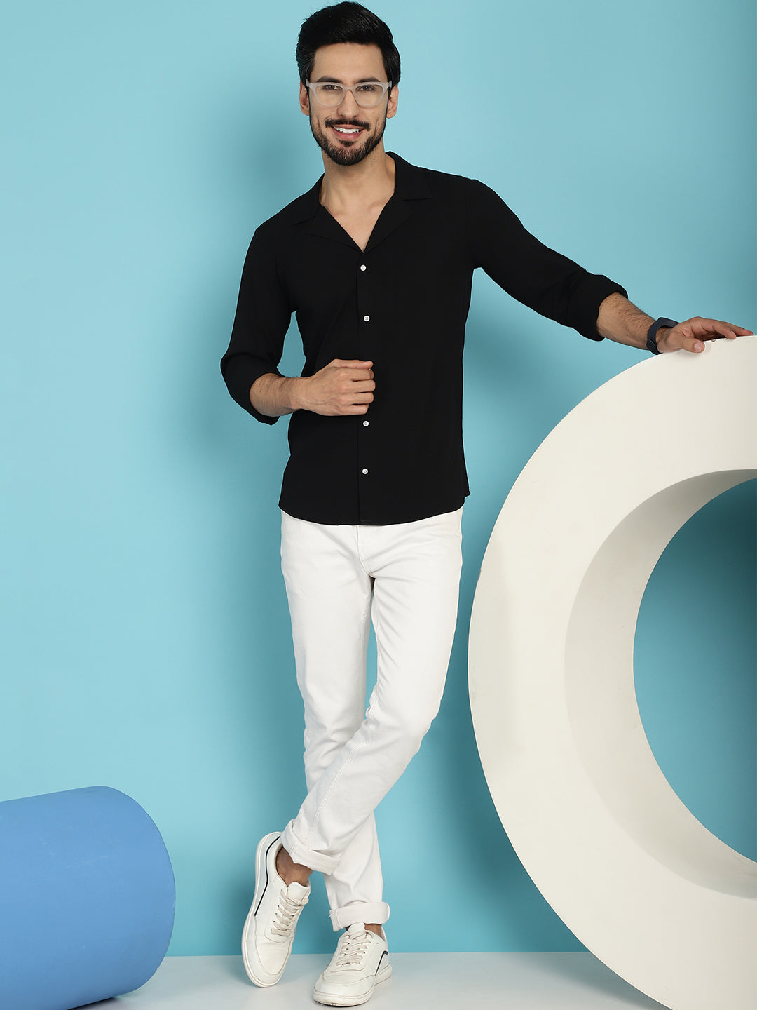 Indian Needle Men's Lapel Collar Casual Shirt - Black