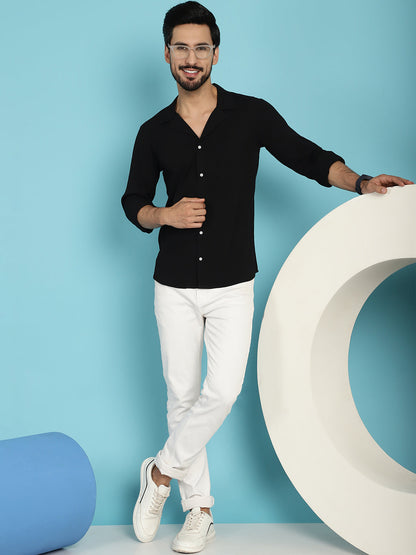 Indian Needle Men's Lapel Collar Casual Shirt - Black