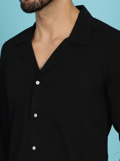 Indian Needle Men's Lapel Collar Casual Shirt - Black
