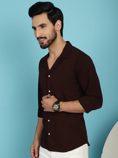 Indian Needle Men's Lapel Collar Casual Shirt - Coffee