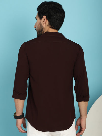Indian Needle Men's Lapel Collar Casual Shirt - Coffee