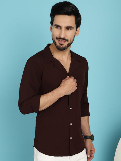 Indian Needle Men's Lapel Collar Casual Shirt - Coffee