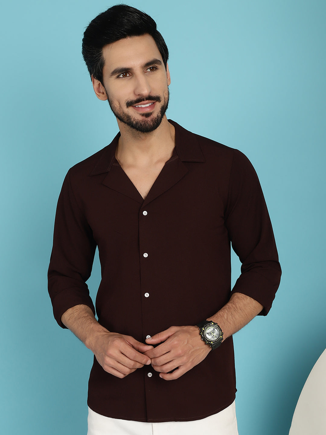 Indian Needle Men's Lapel Collar Casual Shirt - Coffee