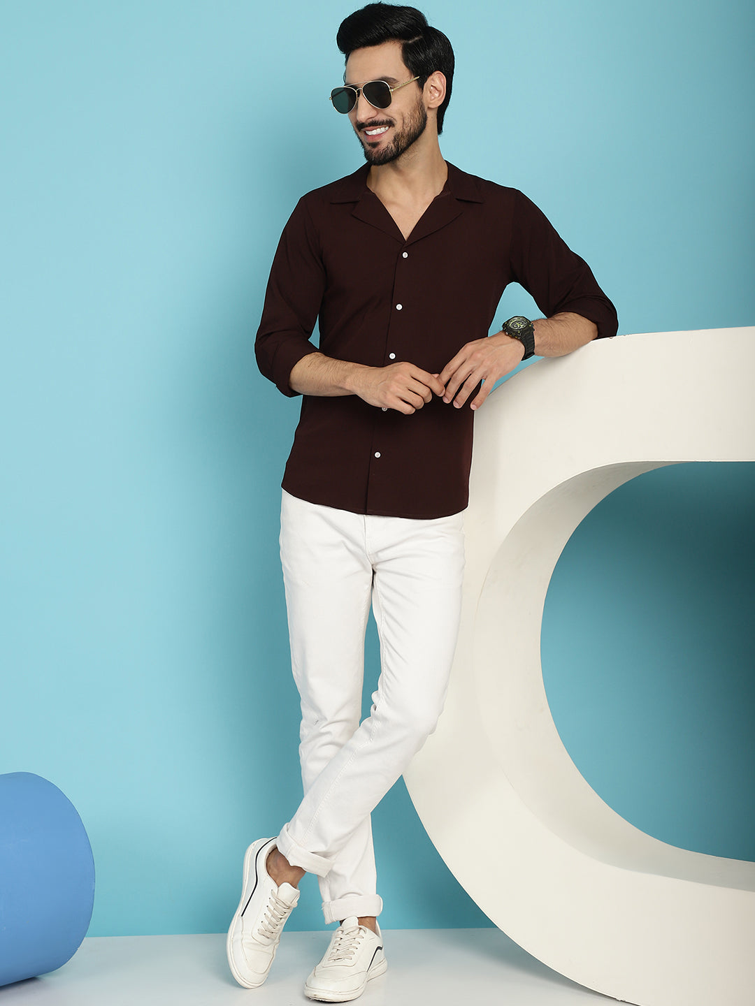 Indian Needle Men's Lapel Collar Casual Shirt - Coffee