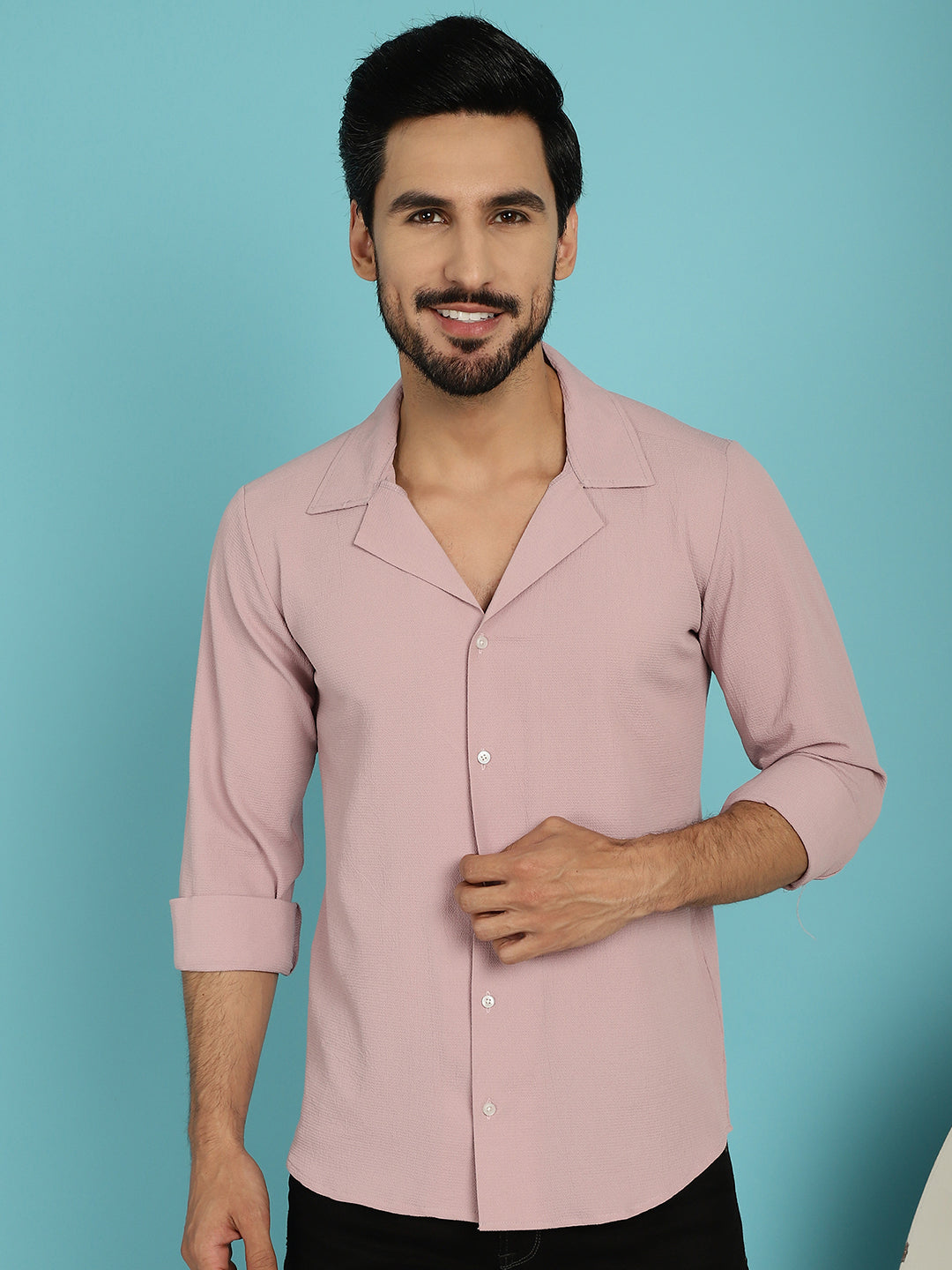 Indian Needle Men's Lapel Collar Casual Shirt - Magenta