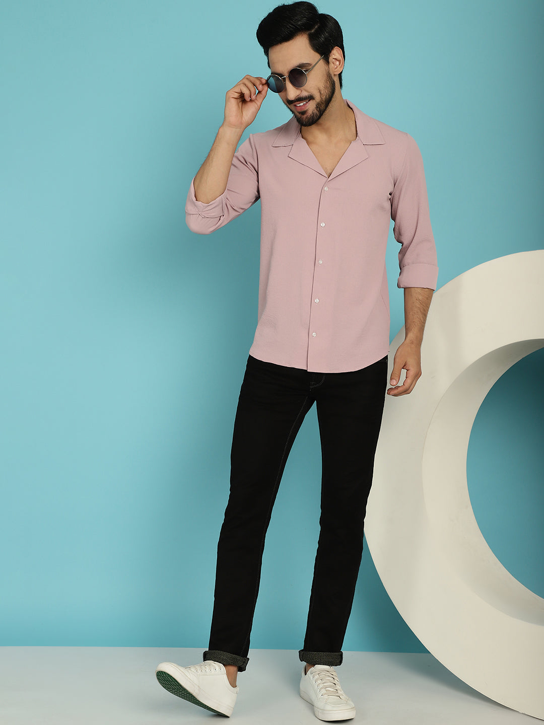 Indian Needle Men's Lapel Collar Casual Shirt - Magenta