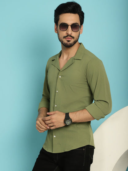 Indian Needle Men's Lapel Collar Casual Shirt - Olive