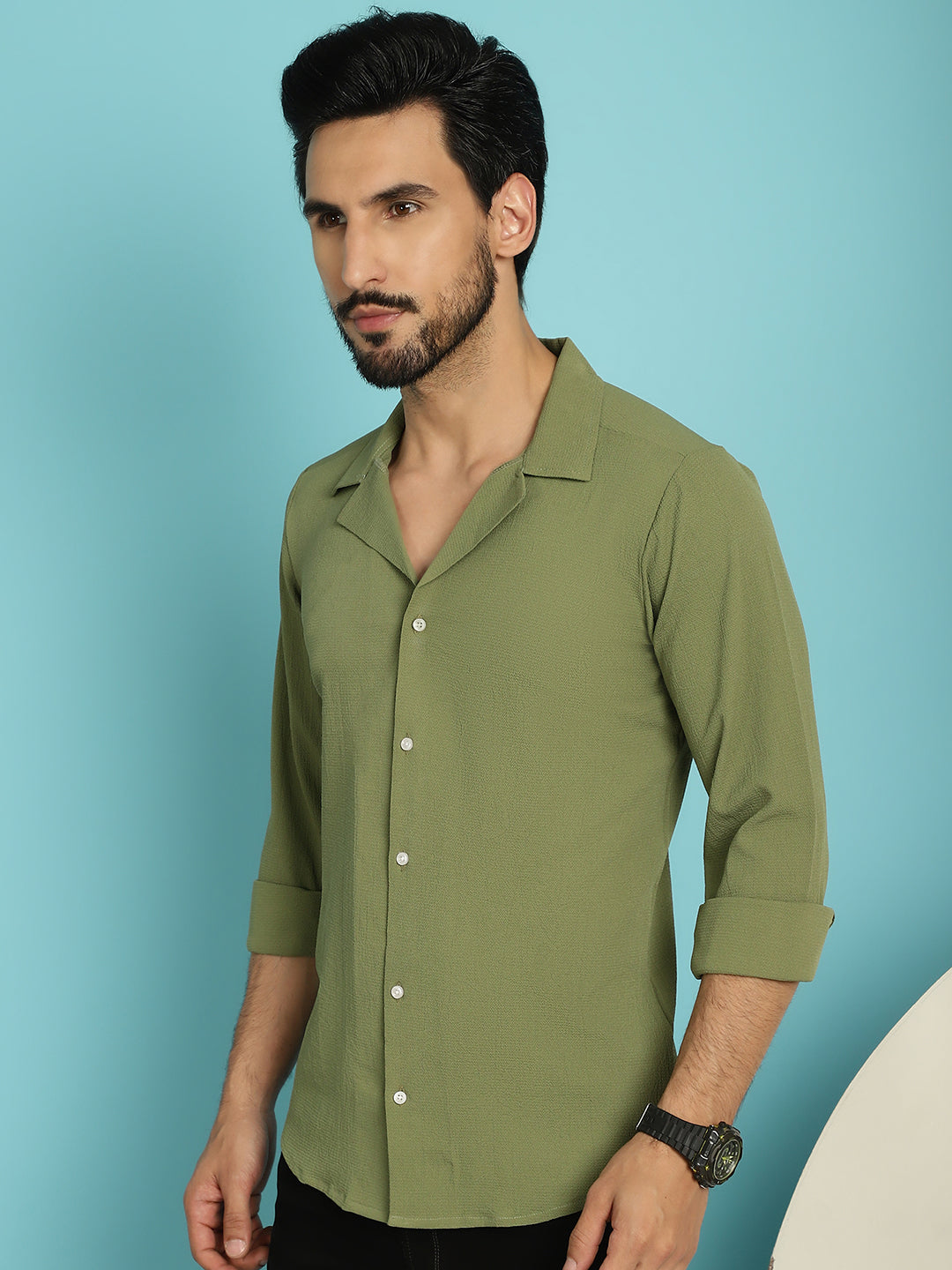 Indian Needle Men's Lapel Collar Casual Shirt - Olive