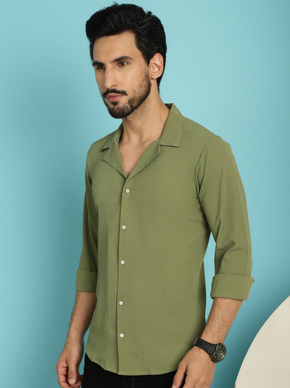 Indian Needle Men's Lapel Collar Casual Shirt - Olive