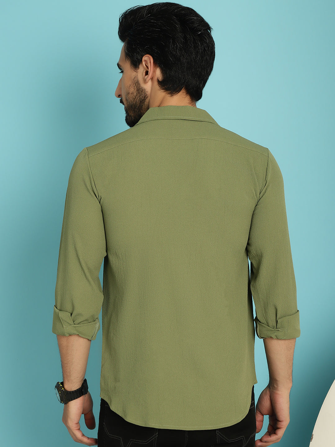 Indian Needle Men's Lapel Collar Casual Shirt - Olive