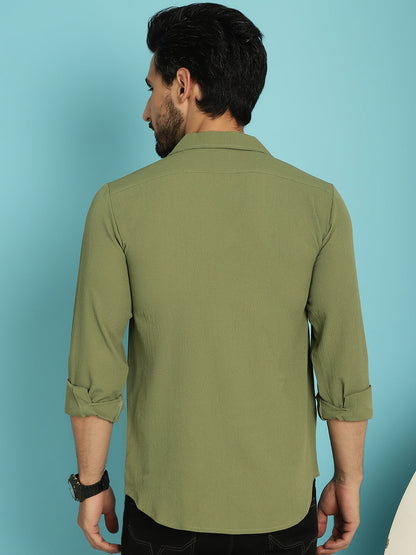 Indian Needle Men's Lapel Collar Casual Shirt - Olive