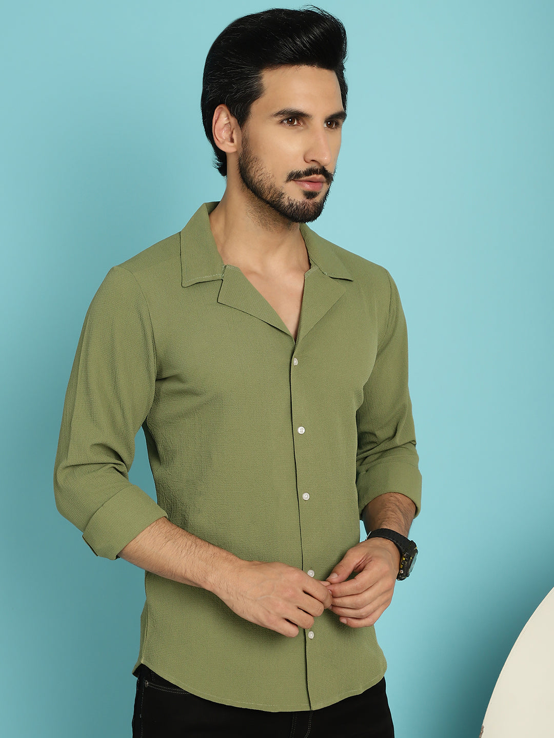 Indian Needle Men's Lapel Collar Casual Shirt - Olive