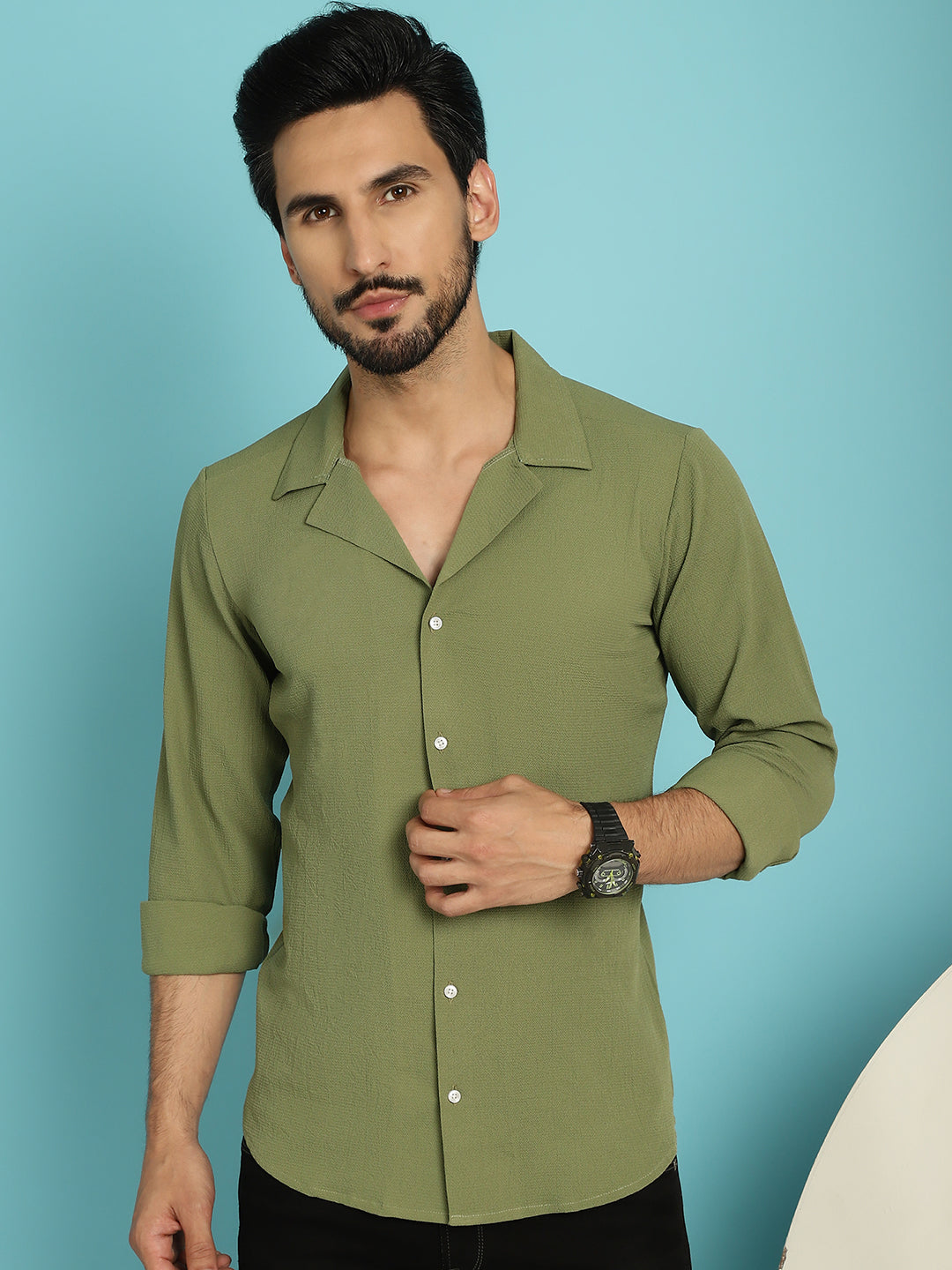 Indian Needle Men's Lapel Collar Casual Shirt - Olive