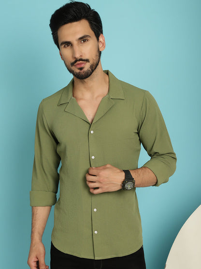 Indian Needle Men's Lapel Collar Casual Shirt - Olive