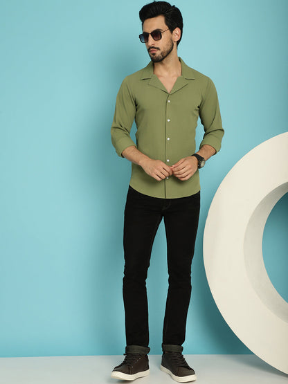 Indian Needle Men's Lapel Collar Casual Shirt - Olive