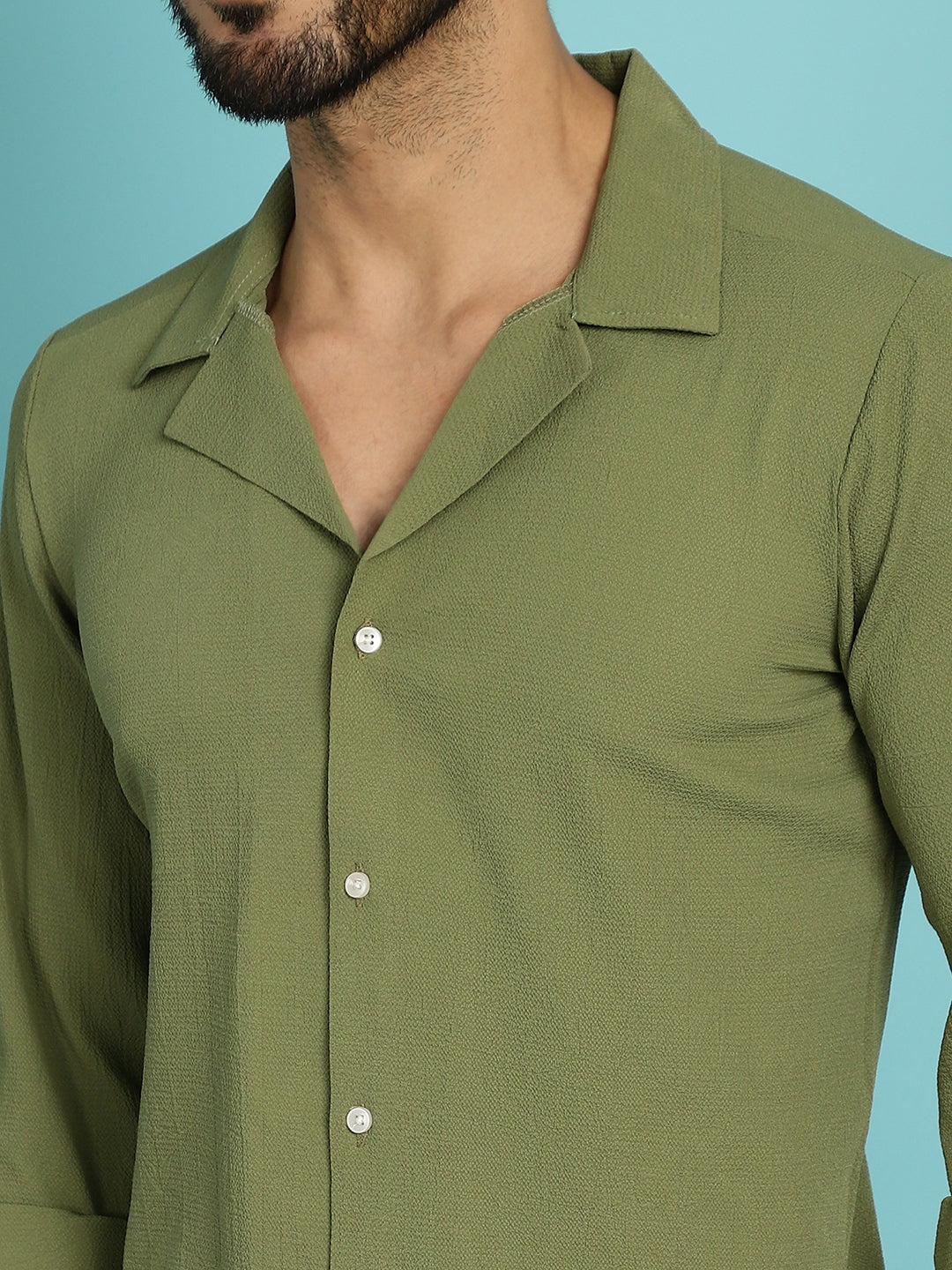 Indian Needle Men's Lapel Collar Casual Shirt - Olive