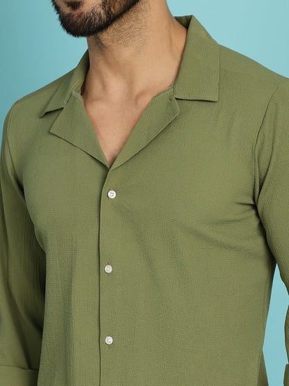 Indian Needle Men's Lapel Collar Casual Shirt - Olive