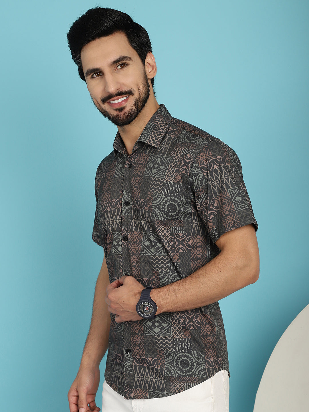 Indian Needle Men's Dark-Grey Printed Casual Shirt - Dark-Grey