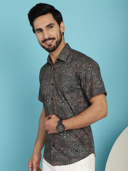 Indian Needle Men's Dark-Grey Printed Casual Shirt - Dark-Grey