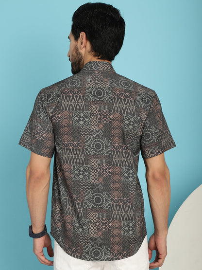 Indian Needle Men's Dark-Grey Printed Casual Shirt - Dark-Grey