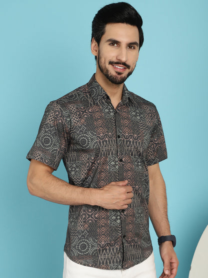 Indian Needle Men's Dark-Grey Printed Casual Shirt - Dark-Grey