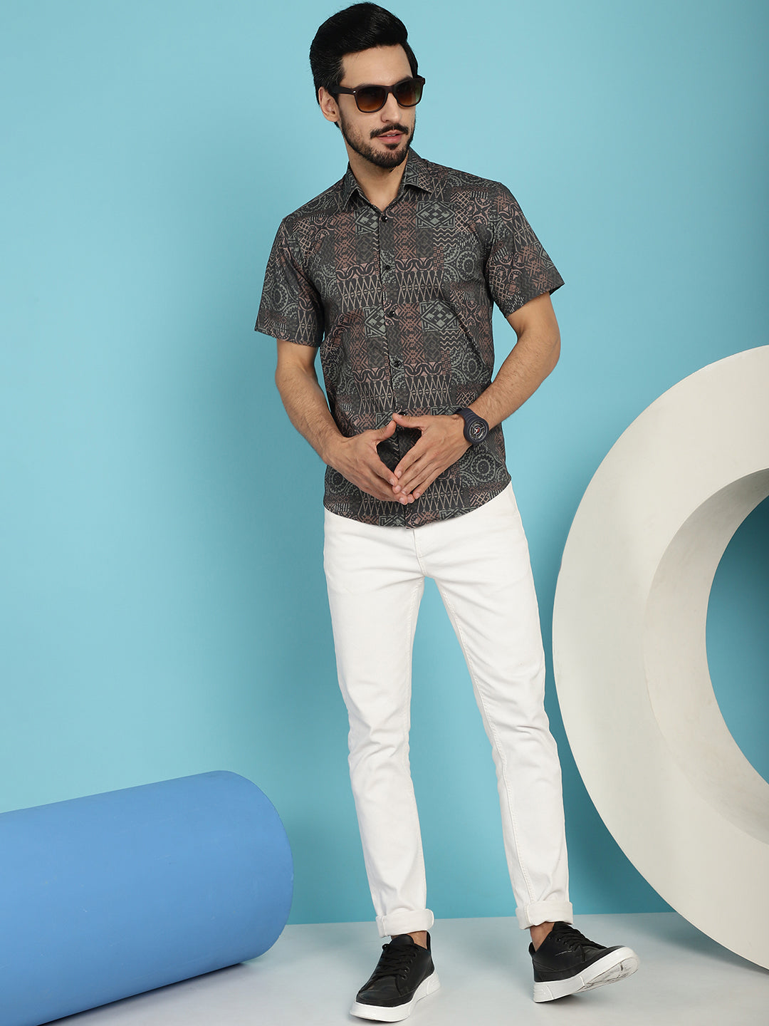 Indian Needle Men's Dark-Grey Printed Casual Shirt - Dark-Grey