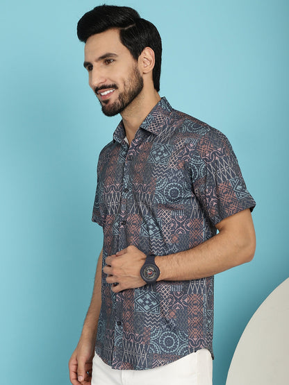Indian Needle Men's Grey Printed Casual Shirt - Grey
