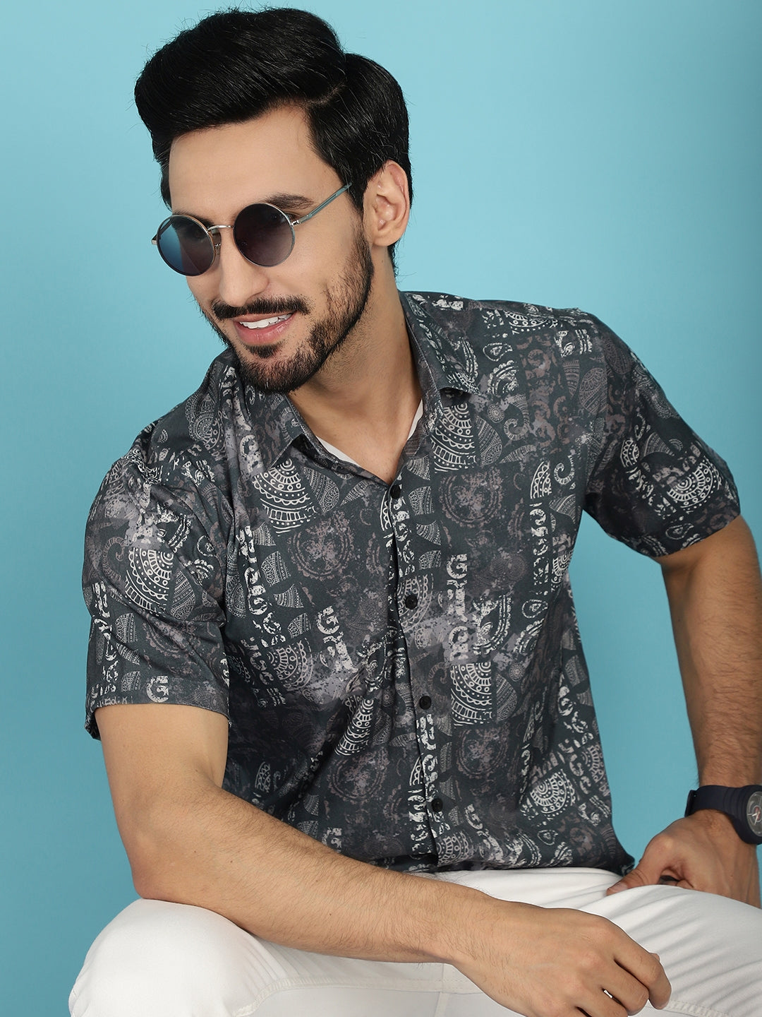 Indian Needle Men's Printed Casual Shirt - Charcoal