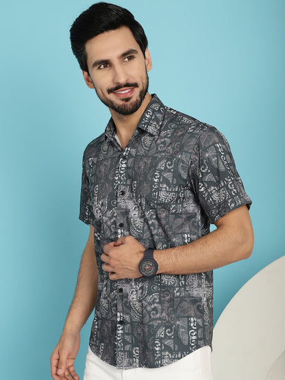 Indian Needle Men's Printed Casual Shirt - Charcoal