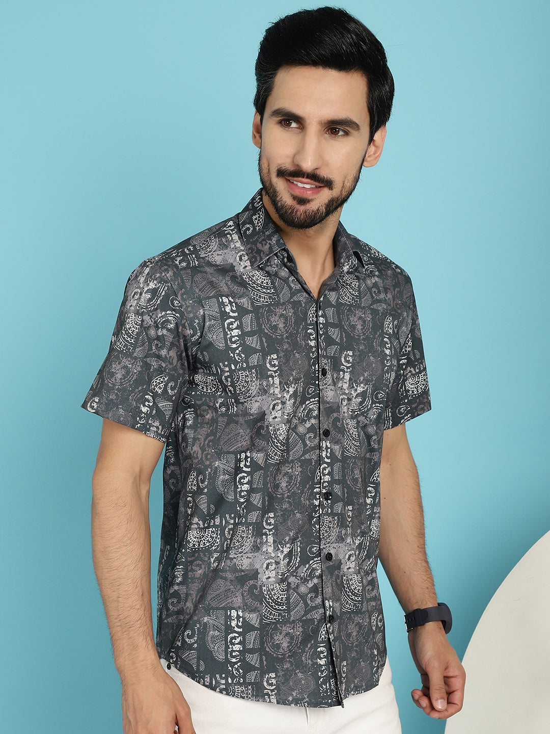 Indian Needle Men's Printed Casual Shirt - Charcoal