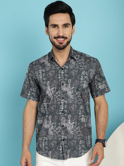 Indian Needle Men's Printed Casual Shirt - Charcoal