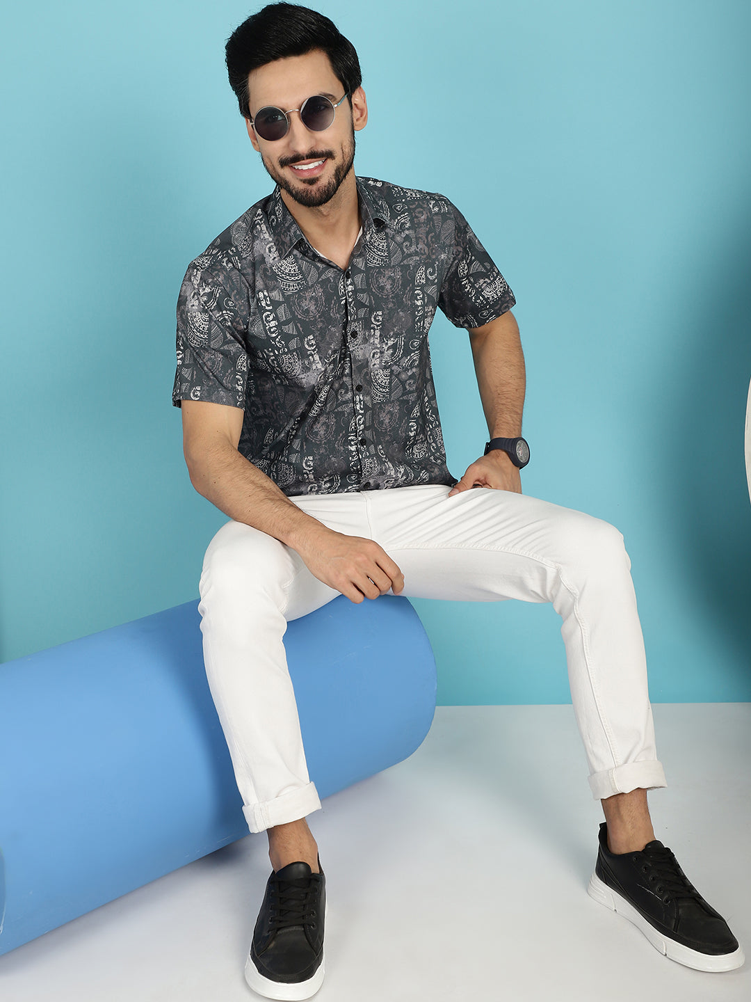 Indian Needle Men's Printed Casual Shirt - Charcoal