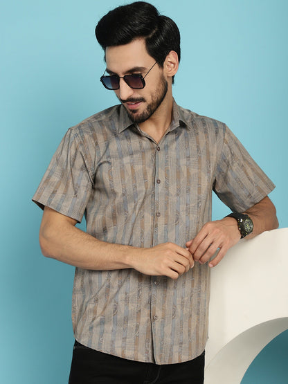 Indian Needle Men's Floral Printed Casual Shirt - Beige