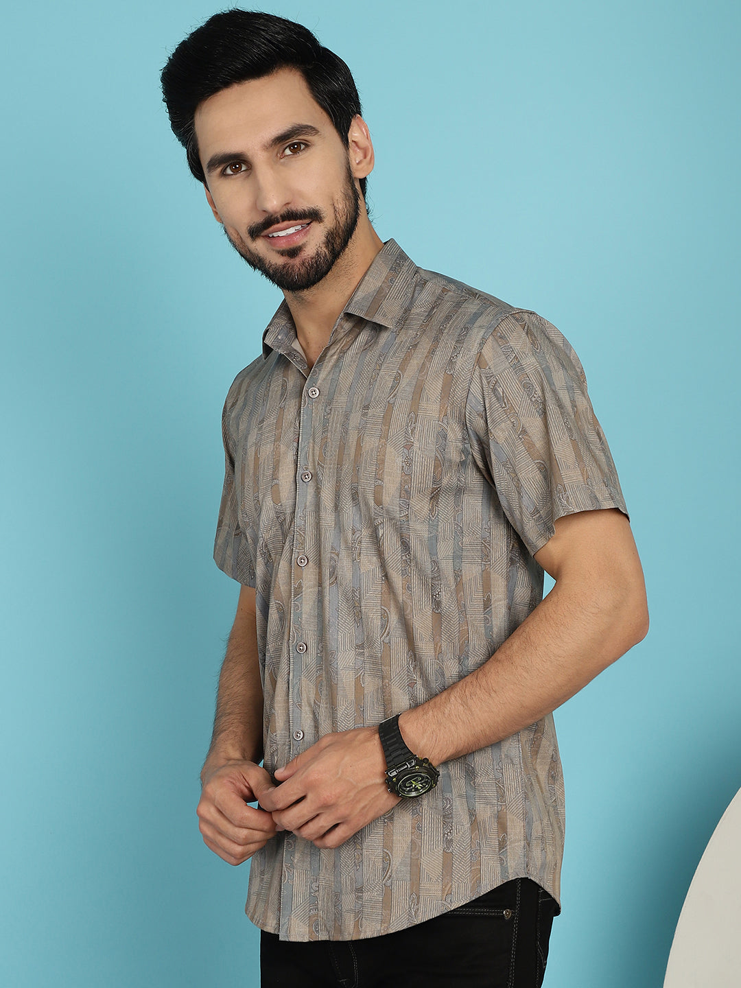 Indian Needle Men's Floral Printed Casual Shirt - Beige