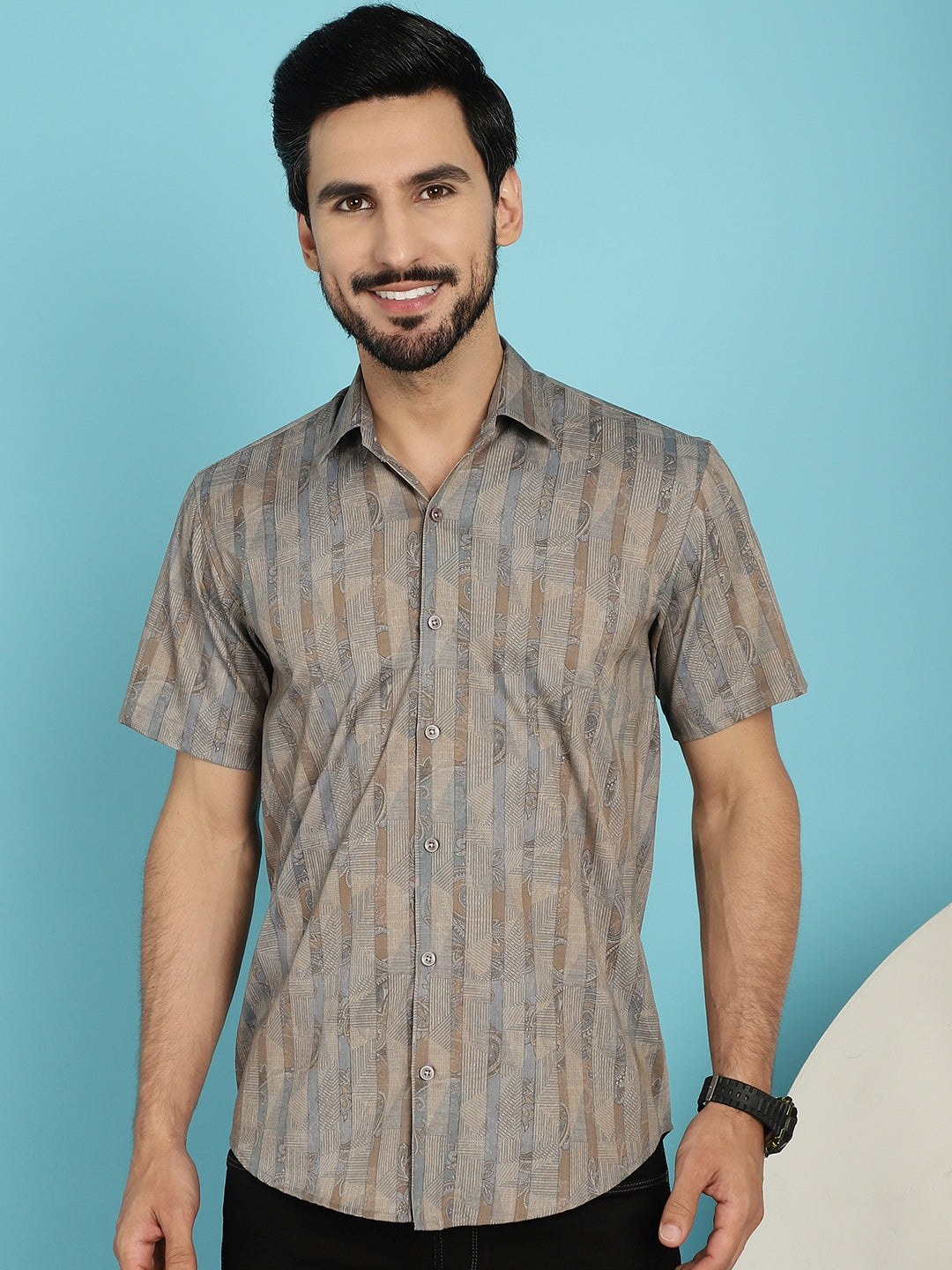 Indian Needle Men's Floral Printed Casual Shirt - Beige