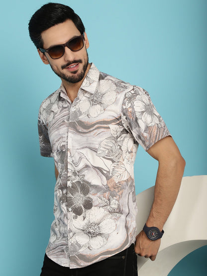Indian Needle Men's Floral Printed Casual Shirt - Cream