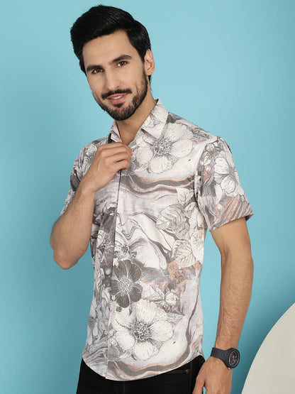 Indian Needle Men's Floral Printed Casual Shirt - Cream