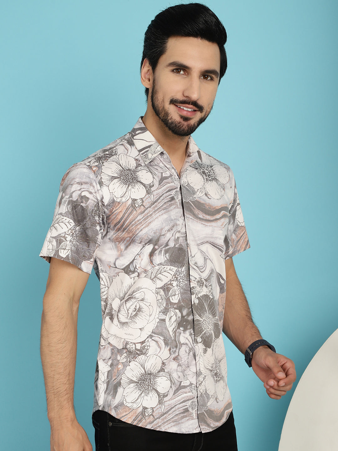 Indian Needle Men's Floral Printed Casual Shirt - Cream