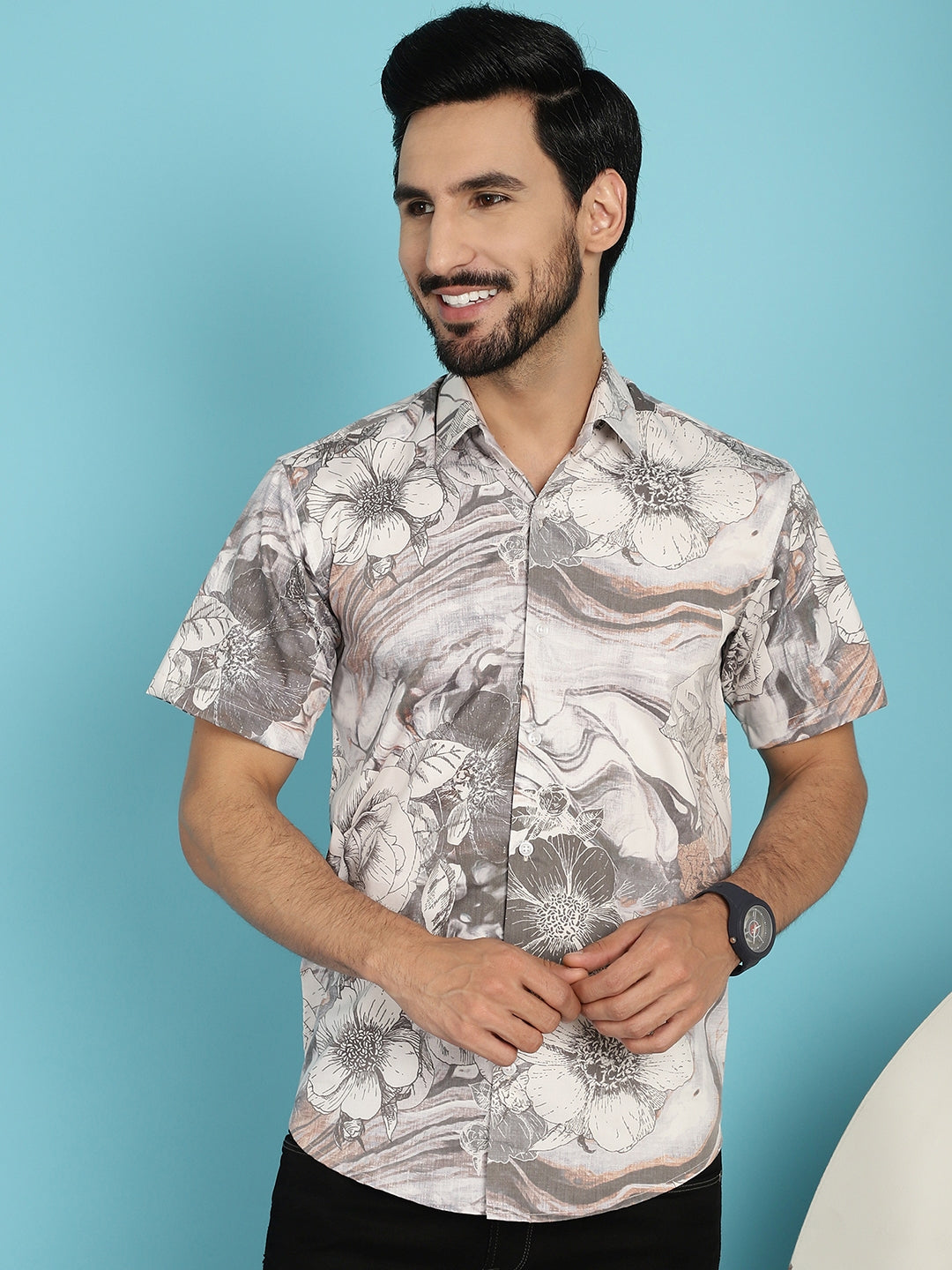 Indian Needle Men's Floral Printed Casual Shirt - Cream