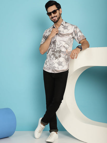 Indian Needle Men's Floral Printed Casual Shirt - Cream