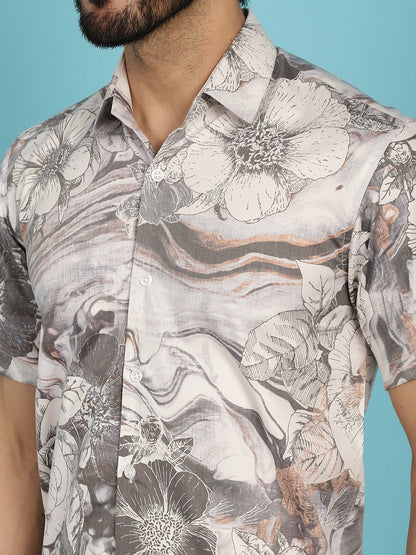 Indian Needle Men's Floral Printed Casual Shirt - Cream