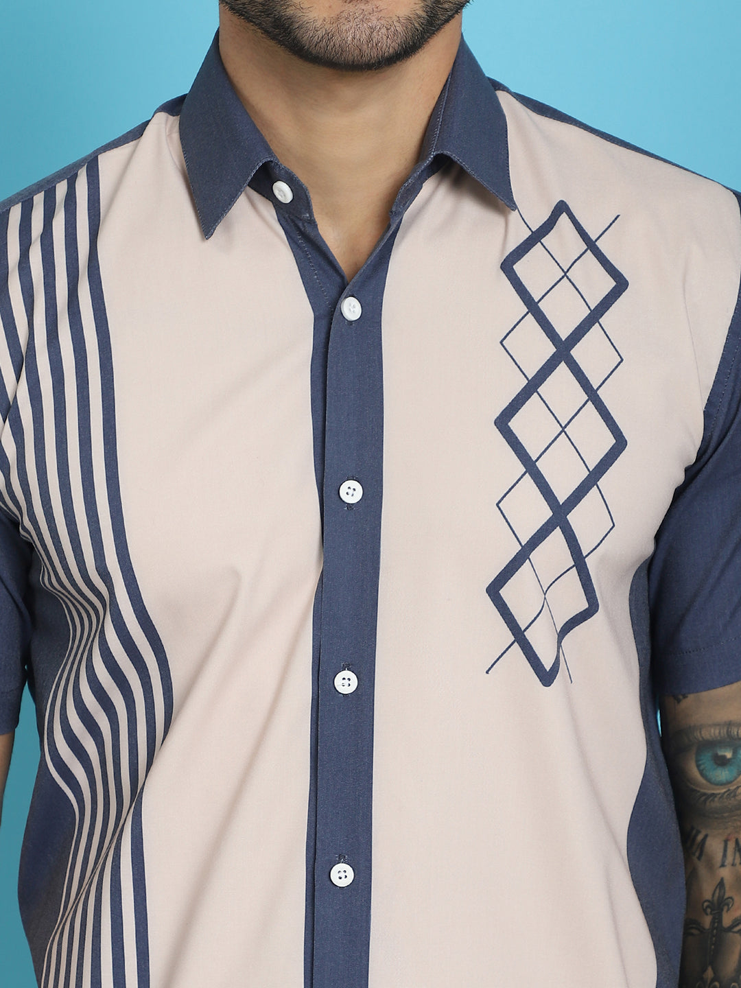 Indian Needle Men's Printed Half Sleeve Lycra Shirt - Cream