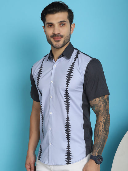 Indian Needle Men's Printed Half Sleeve Lycra Shirt - Sky Blue