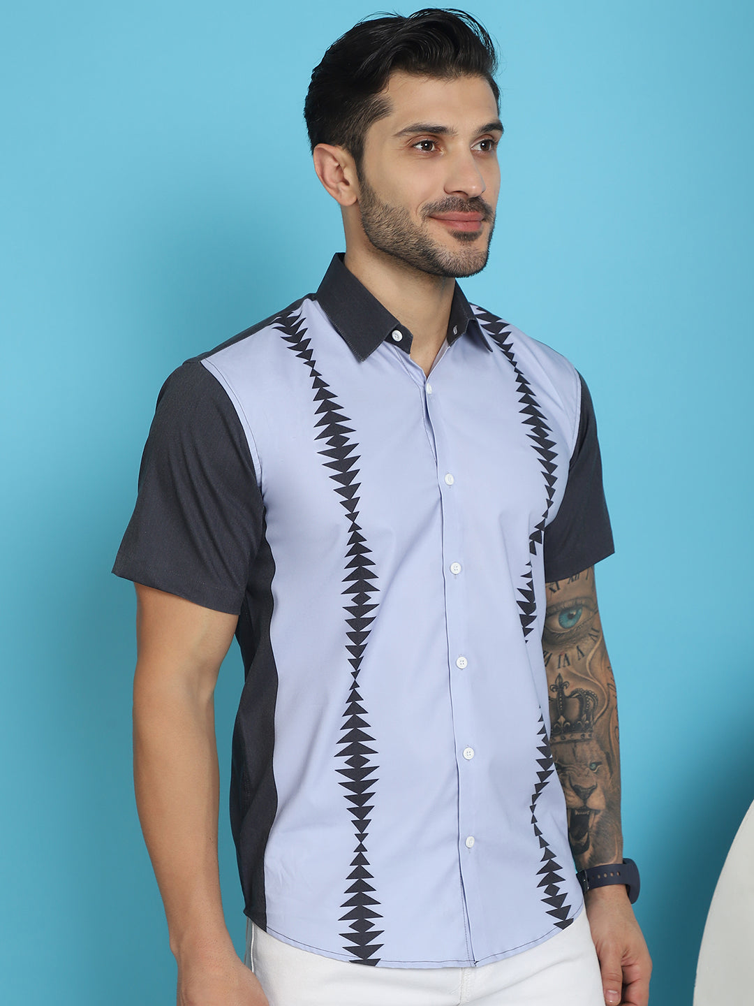 Indian Needle Men's Printed Half Sleeve Lycra Shirt - Sky Blue