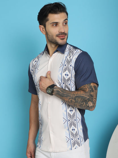 Indian Needle Men's Printed Half Sleeve Lycra Shirt - White